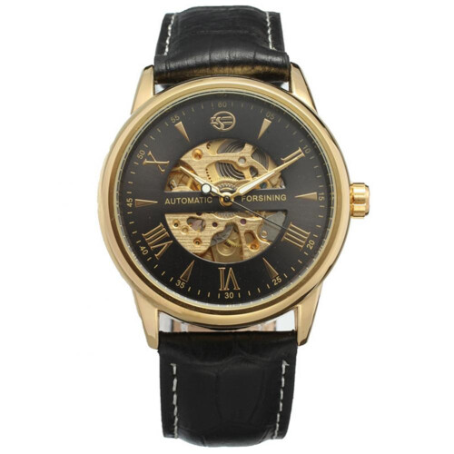 FORSINING Automatic Watch Black Dial Golden Case PU Band Waterproof