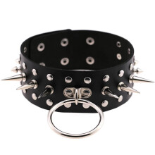 Punk PU Leather Choker with Rivet and O Ring Pendant Black