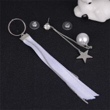 Asymmetric Faux Pearl Star Cloth Pendant Alloy Earring (Silver)