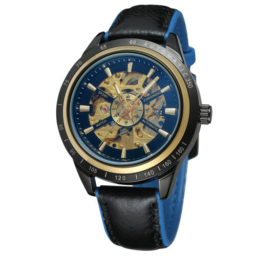 FORSINING Male Automatic Watch Leather Strap Round Black Blue