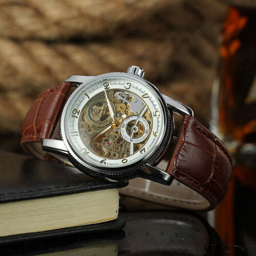 FORSINING Waterproof PU Leather Strap Mechanical Watch White Silver 1