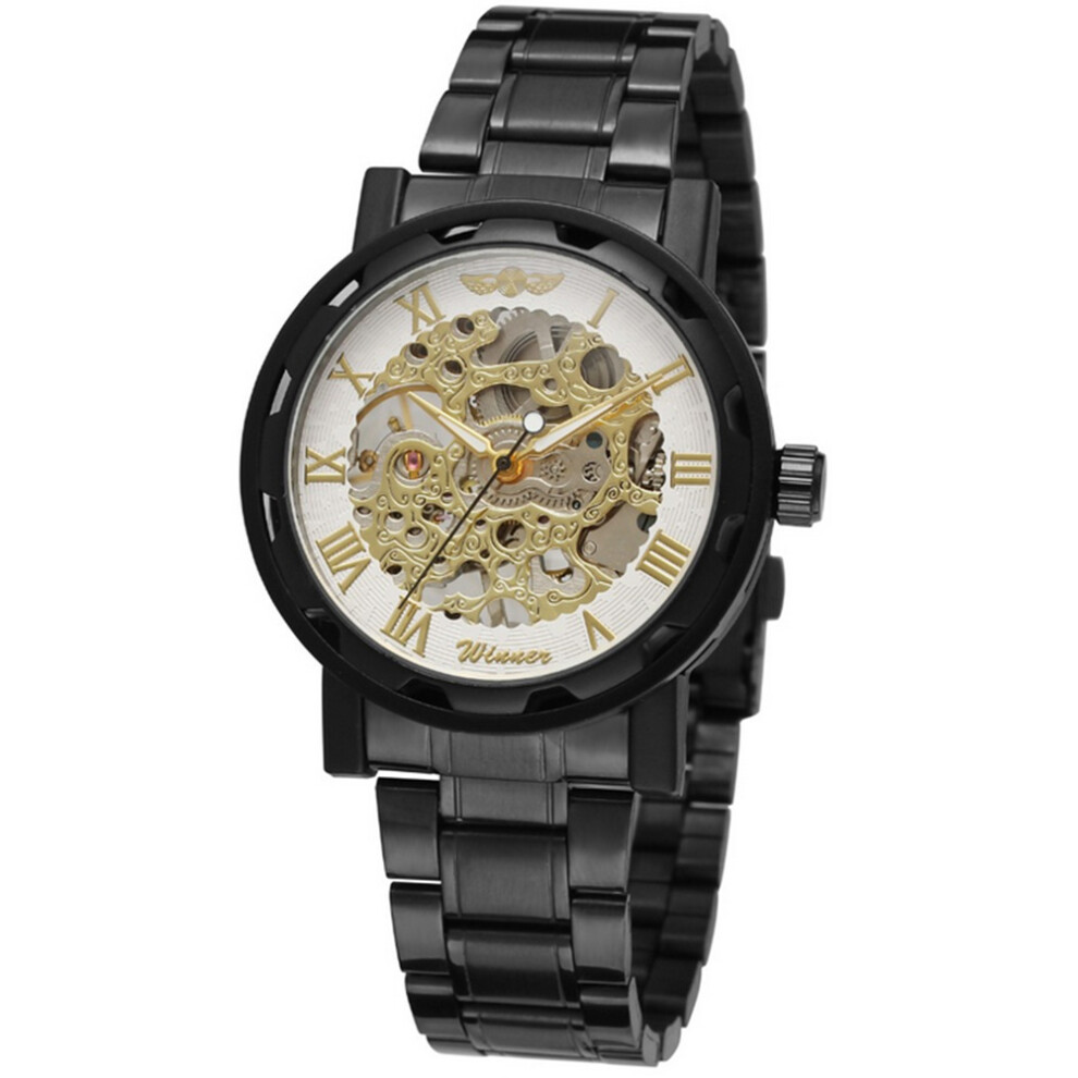 Winner Men Hollow Mechanical Waterproof Steel Strap Watch Black White White,Black 667859173899