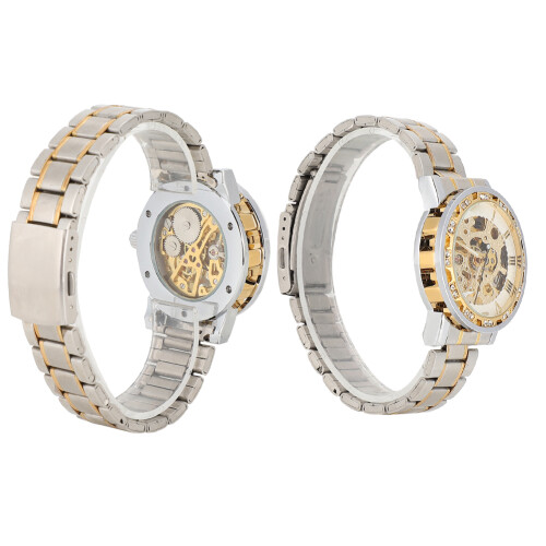 (White Surface + Gold) Men Round Dial Hollow Automatic Watch White Gold 2