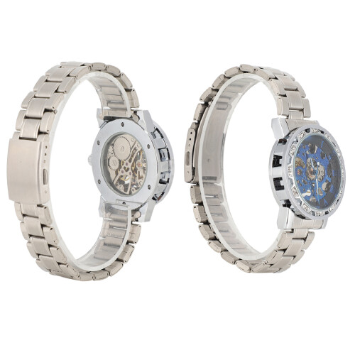 (Blue Surface + Silver) Men Round Dial Hollow Automatic Watch White Gold 2