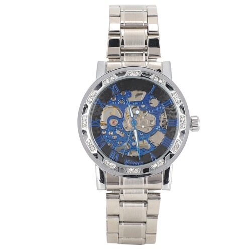(Blue Surface + Silver) Men Round Dial Hollow Automatic Watch White Gold 1