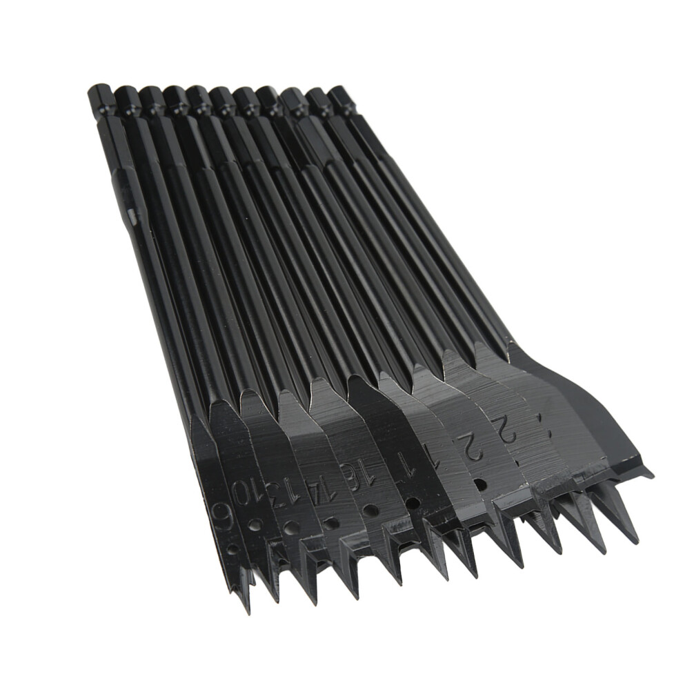 11Pcs Hex Shank Flat Drill Bits, Carbon Steel, Black For Woodworking 8281357180603
