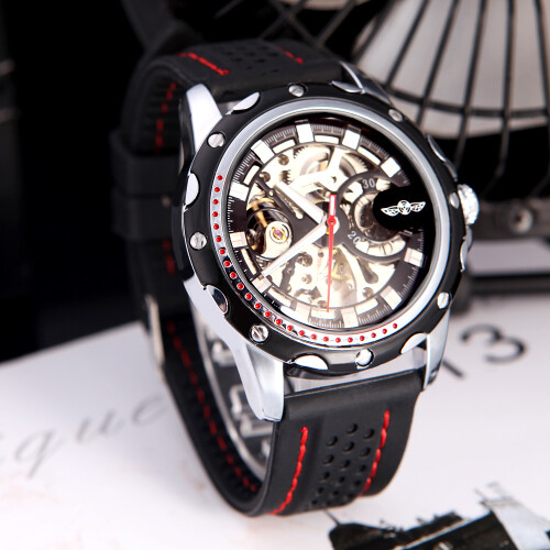 Men's Skeleton Mechanical Watch Black Silicone Band