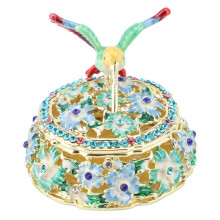 (Blue) Round Hummingbird Enameled Jewelry Box Vintage Metal Pink