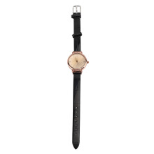 (Black) Women Classic PU Leather Analog Quartz Watch Rose Gold Dial Black