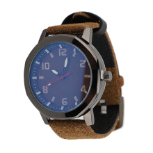 (Brown) Men Analog Watch PU Leather Strap Round Face Mineral Glass Brown