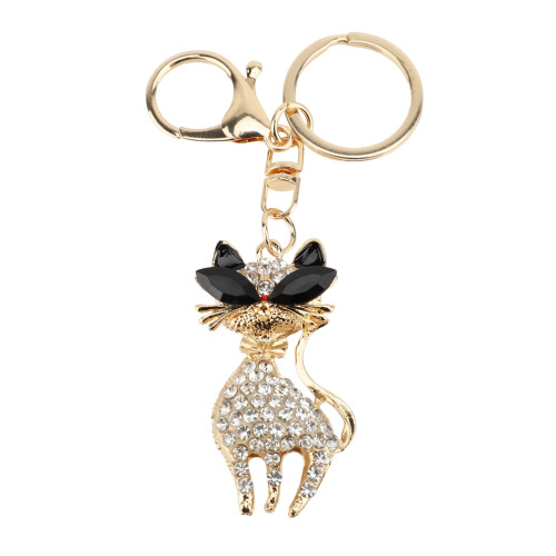 (White) Cute Cat Rhinestone Backpack Keychain Blue