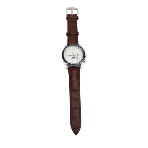 (Silver White (Brown Strap)) Men Automatic Moon Phase Chronograph Luminous Self Winding Black