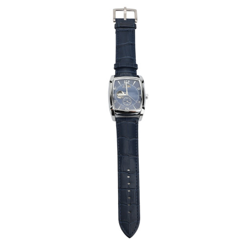 (Silver Blue) Skeleton Automatic Watch Men Moon Phase Silver PU Leather Strap