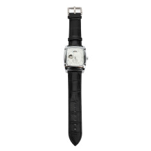 (Silver White) Skeleton Automatic Watch Men Moon Phase Silver PU Leather Strap