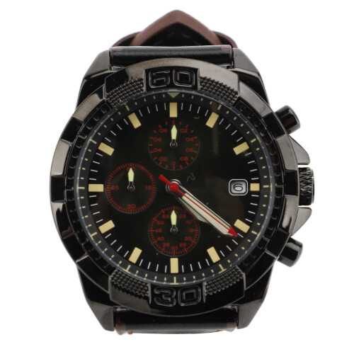 (Black Strap Green Dial) PU Leather Analog Watch Large Face Luminous Red Dial Black Strap