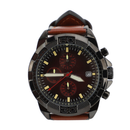 (Coffee Strap Red Dial) PU Leather Analog Watch Large Face Luminous Red Dial Black Strap