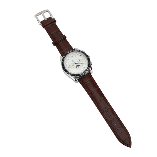 (Silver White (Brown Strap)) Men Automatic Moon Phase Chronograph Luminous Self Winding Black 2
