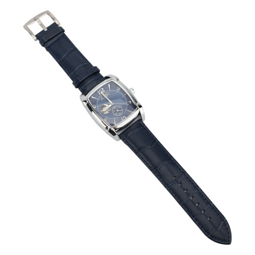 (Silver Blue) Skeleton Automatic Watch Men Moon Phase Silver PU Leather Strap 1