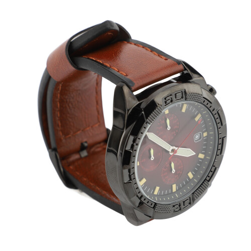 (Coffee Strap Red Dial) PU Leather Analog Watch Large Face Luminous Red Dial Black Strap 1