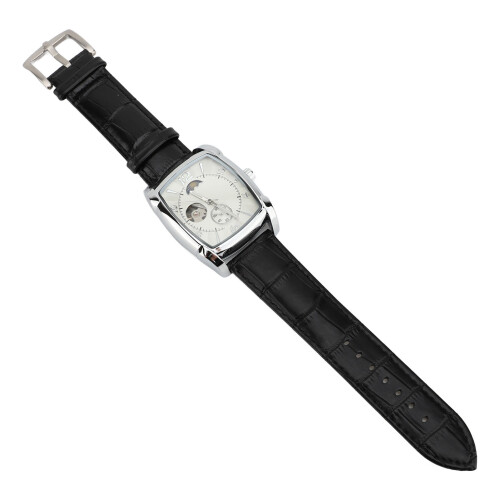 (Silver White) Skeleton Automatic Watch Men Moon Phase Silver PU Leather Strap 2