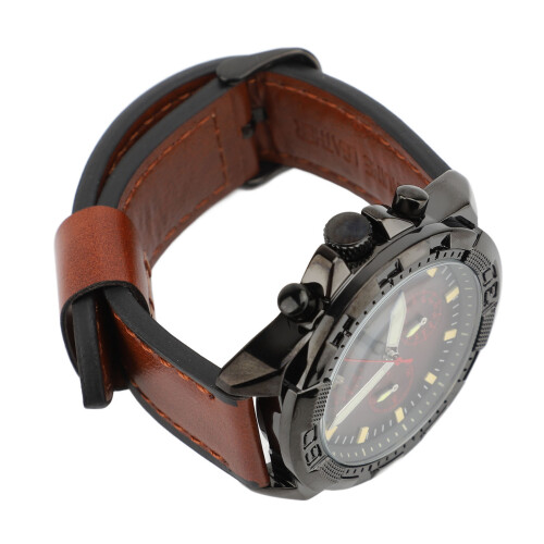 (Coffee Strap Red Dial) PU Leather Analog Watch Large Face Luminous Red Dial Black Strap 2