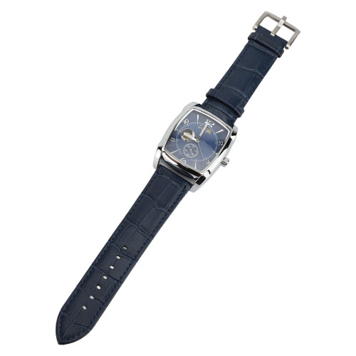 (Silver Blue) Skeleton Automatic Watch Men Moon Phase Silver PU Leather Strap 2