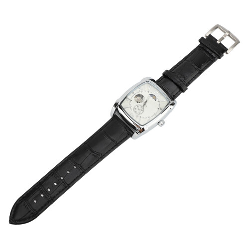 (Silver White) Skeleton Automatic Watch Men Moon Phase Silver PU Leather Strap 1