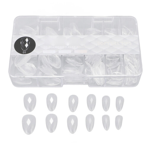 140pcs 3D Diamond Nail Tips Clear Almond 14 Sizes
