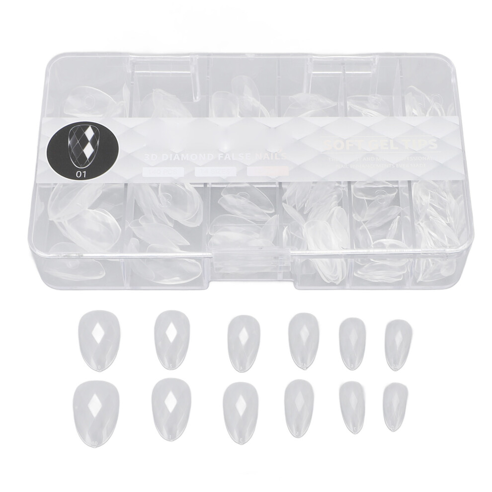 140 Pcs 3D Diamond Nail Tips 14 Sizes Clear Long Almond for Salons DIY
