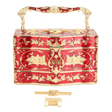 (Gold Red Trim) Retro 3 Layer Jewelry Box with Mirror Earrings Gift Gold Red Trim