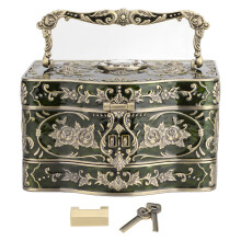 (Copper Antique Green) Retro 3 Layer Jewelry Box with Mirror Earrings Gift Gold Red Trim