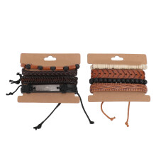 8pcs Braided PU Leather Bracelet Hand Made Vintage Woven Wooden Beaded