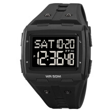(Black Silver) Digital Sports Watch Dual Time Night Light TPR Band Waterproof Grey