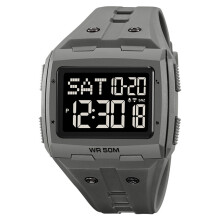 (Grey) Digital Sports Watch Dual Time Night Light TPR Band Waterproof Grey