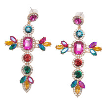 (Colorful) Dangle Cross Vintage Drop Earrings KC Gold Rhinestone Women