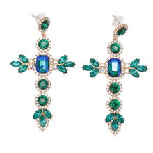 (Green) Dangle Cross Vintage Drop Earrings KC Gold Rhinestone Women