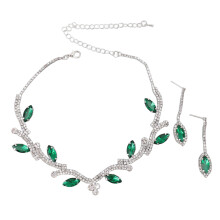(Green and White K) Rhinestone Leaves Bride Wedding Jewelry Set Royal Blue White K