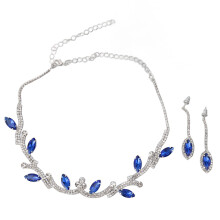 (Royal Blue and White K) Rhinestone Leaves Bride Wedding Jewelry Set Royal Blue White K