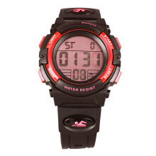 (Red) Digital Waterproof Sports Watch 50M PU Strap Gold