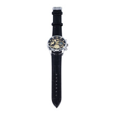 Men Silver Skeleton Quartz Watch Leather Band
