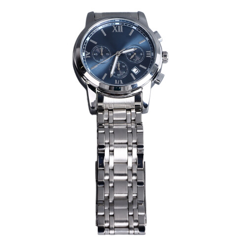 Men Waterproof Quartz Stainless Steel Watch Silver Case Blue Dial 1