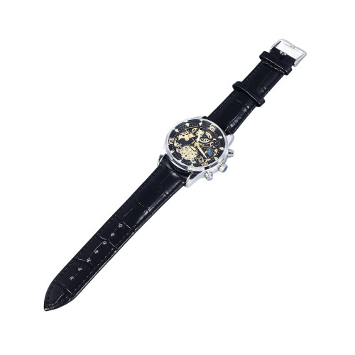 Men Silver Skeleton Quartz Watch Leather Band 2