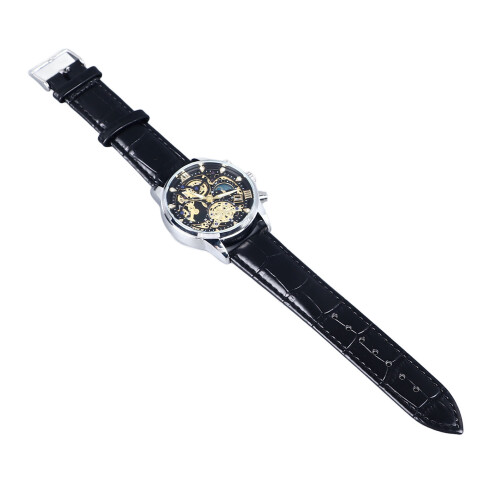 Men Silver Skeleton Quartz Watch Leather Band 1