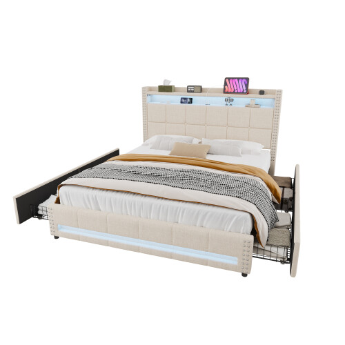 4ft6 Double Upholstered Bed with 4 Storage Drawers 1