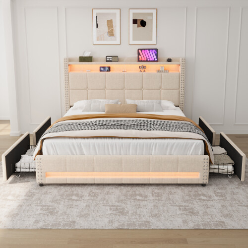 4ft6 Double Upholstered Bed with 4 Storage Drawers 2