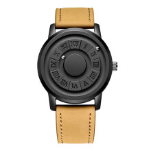 (Brown Black Leather Strap) Men Watch Magnetic Ball Pointer Quartz Brown Black Leather Strap