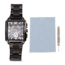 Men Quartz Watch Quadrate Calendar Stainless Steel Strap Black