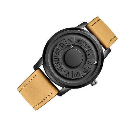 (Brown Black Leather Strap) Men Watch Magnetic Ball Pointer Quartz Brown Black Leather Strap 2
