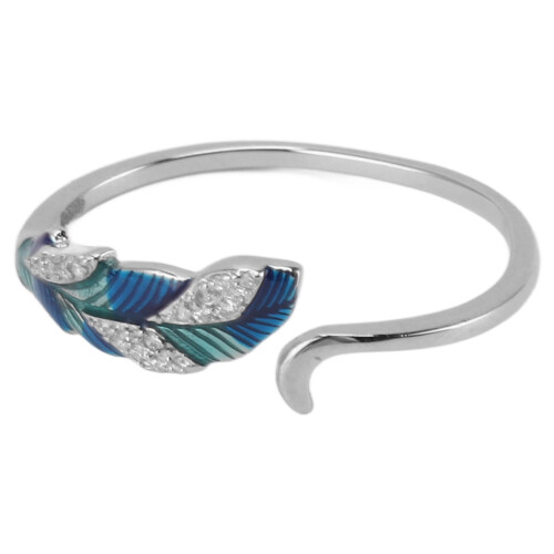 Open Ring S925 Silver Platinum Blue Green Gradient Feather Adjustable
