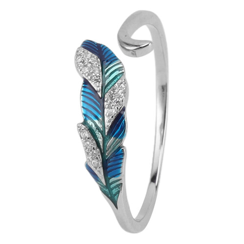 Open Ring S925 Silver Platinum Blue Green Gradient Feather Adjustable 1